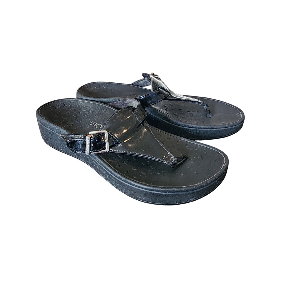 Vionic Black Patent Leather Platform Thong Sandals Buckle Wedge